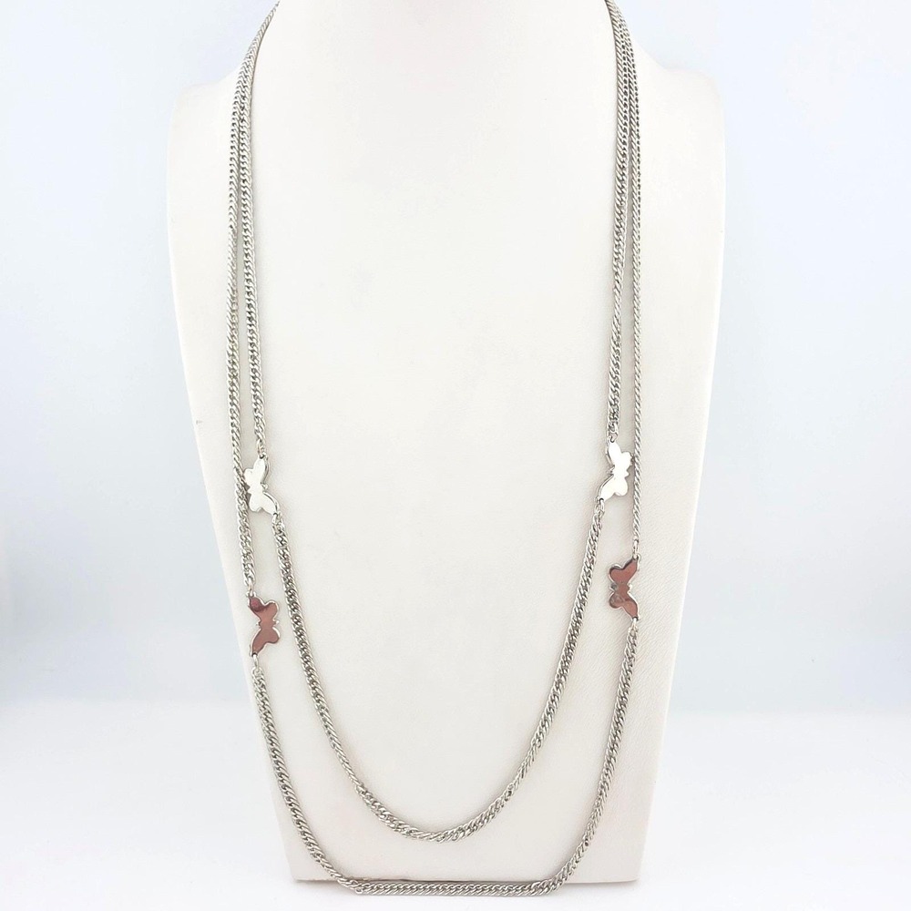 Vtg CITATION Brand Butterfly Station Necklace Single Curb Chain Silver Tone 48"